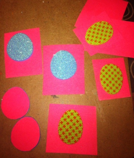 Easter Tic-Tac-Toe - attaching foam eggs to construction paper