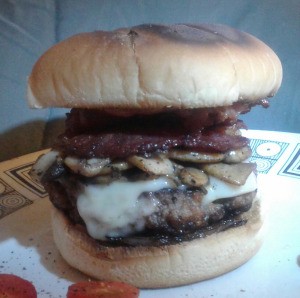 A homemade bacon mushroom Swiss burger.