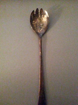 Value of Old Silver Plate Spoon - old long handle, toothed silver plate spoon