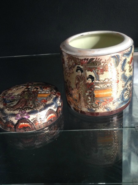 Value and Age of Japanese Motif Covered Jar - jar with led removed on glass shelf