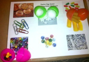 Easter Egg Sound Matching Activity - child shakes egg and guesses what is inside