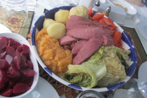 Corned Beef & Cabbage Dinner on plate.