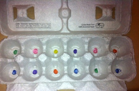 Egg Carton Pre-K Math - crate with colored spot in each section