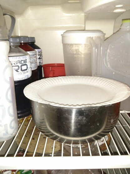 Bowl covered with plate in the refrigerator.