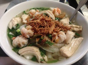 Bowl of Chicken and Shrimp Noodle Soup