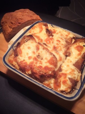 A pan of French onion soup.