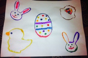 Easter Eggs and Cookie Cutter Paintings - finished page with bunnies, chick, and basket