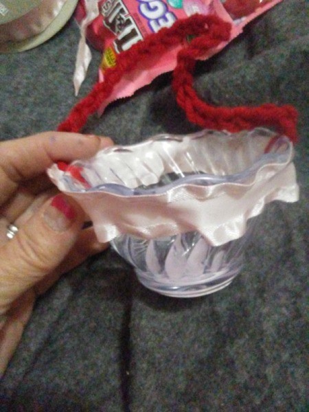 Mini Easter Basket with Candy - begin wrapping ribbon around bowl and tape or glue in place