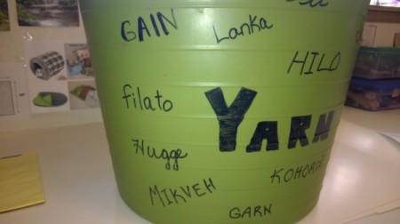 Multi-linguistic Yarn Tub - write "yarn" in large letters and then added the various words in different languages