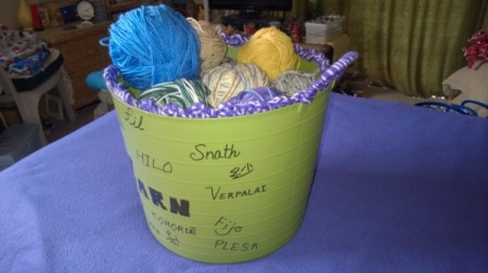 Multi-linguistic Yarn Tub - side view of filled tub