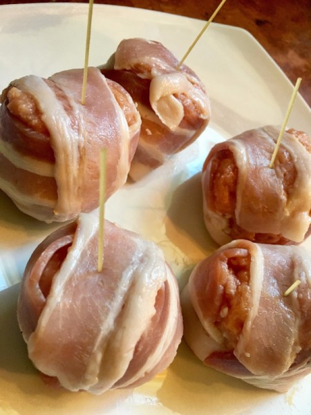 meatballs wrapped with bacon with toothpick