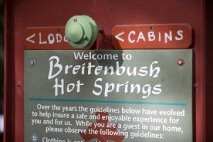 A "Welcome to Breitenbush Hot Springs" sign.