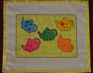 Tea is Served! - Tea Tray Cloth - colorful finished cloth with 5 teapots