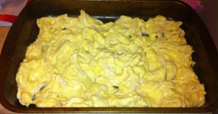 chicken and soup added to baking pan