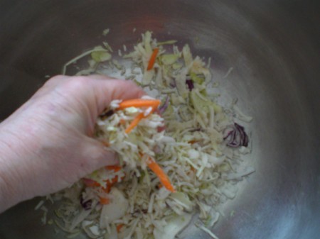 working cole slaw with hands