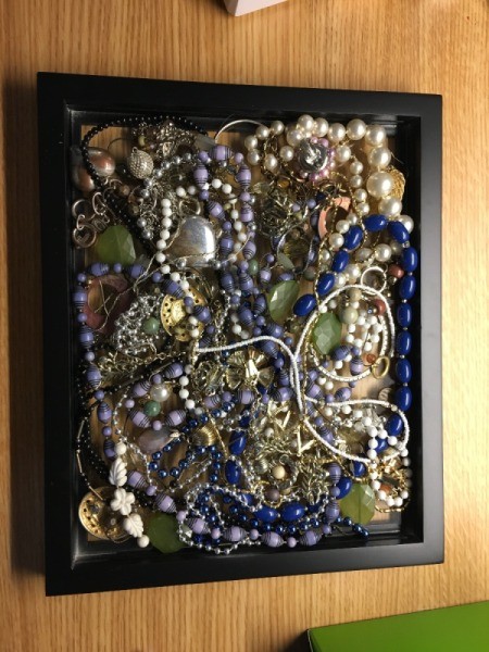 Using Decoupage Glue to Attach Jewelry to Glass - jewelry inside frame