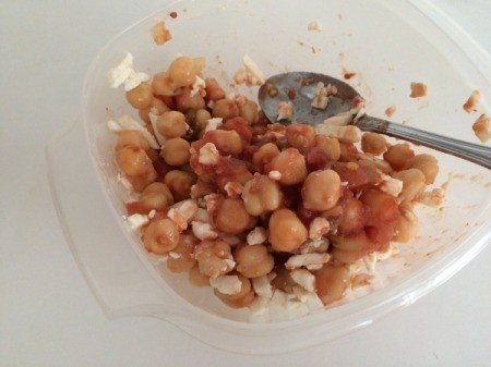 garbanzo beans, salsa and feta in bowl