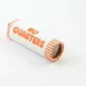 Roll of quarters on white background.