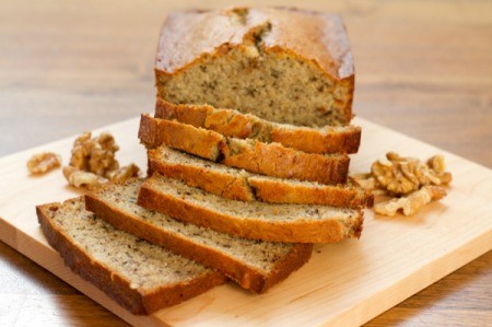 Sliced moist banana bread.