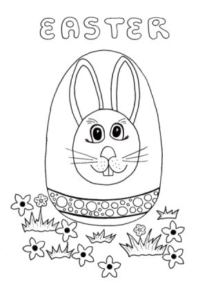 Easter Egg Hunt Kids' Coloring Page - line drawing of an Easter egg decorated with a bunny head