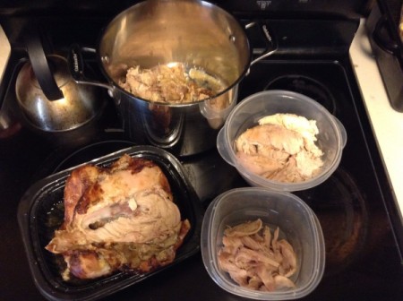 A rotisserie chicken being taken apart and made into soup.