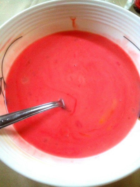 Strawberry syrup added to Custard batter