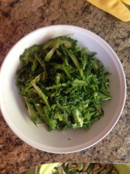 Fried Karela Bitter Meloncut in pieces in bowl