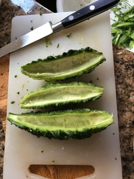 Karela Bitter Meloncut in half lengthwise with seeds removed