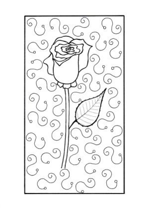 Mother's Day Rose Adult Coloring Page - single rose bud with squiggles in background