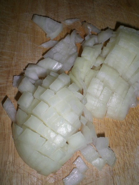 chopped onion for carrot ginger soup.