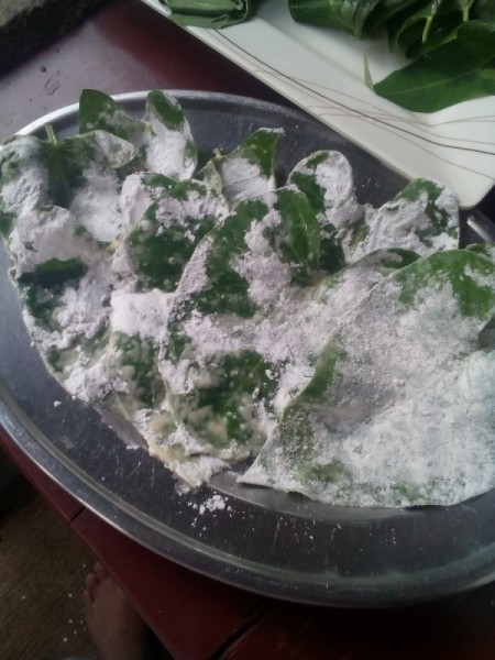 Water Spinachl eaves coated and ready to fry