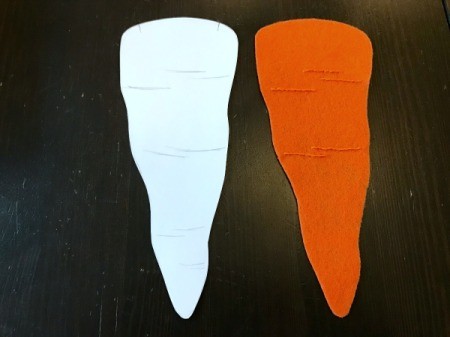 Felt Carrot Money Pocket - template with details sketched on and top of carrot with embroidery next to it