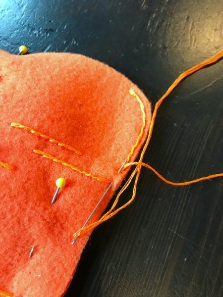 Felt Carrot Money Pocket - using a backstitch begin stitching the two pieces of the carrot together. Start at one pin mark.