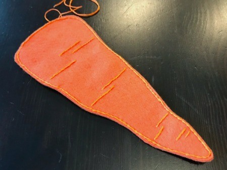 Felt Carrot Money Pocket - continue around to the other pin and then backstitch only through the top layer between the pin marks