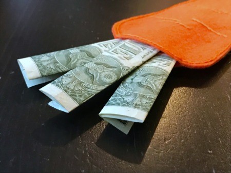 Felt Carrot Money Pocket - head-on view of money in carrot pocket