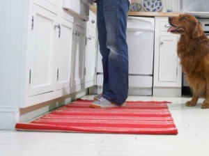 Throw rug on a kitchen floor.