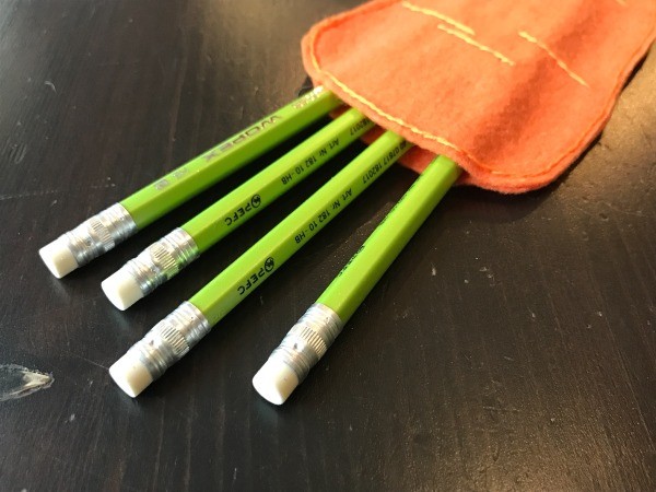 Felt Carrot Pencil Gift Pocket - closeup of pencils in pocket