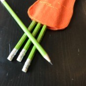 Felt Carrot Pencil Gift Pocket - closeup of pocket end of carrot with pencils