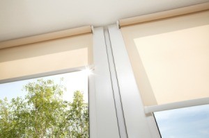 Cream colored roller blinds.