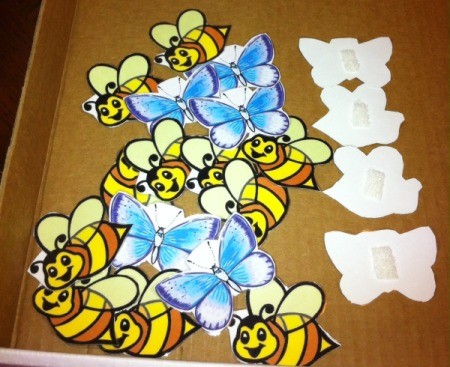 Spring Flowers Fine Motor Coloring and Velcro Activity - find, print, and laminate butterfly and bee art, cut out and add soft Velcro to backs
