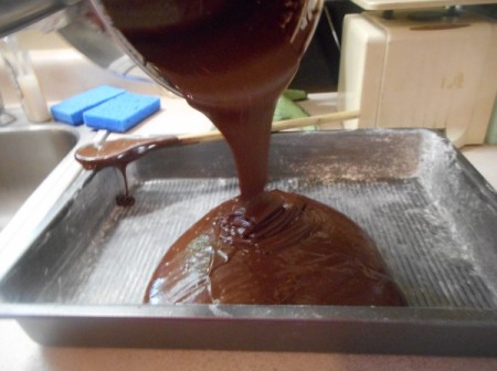 pouring batter in pan