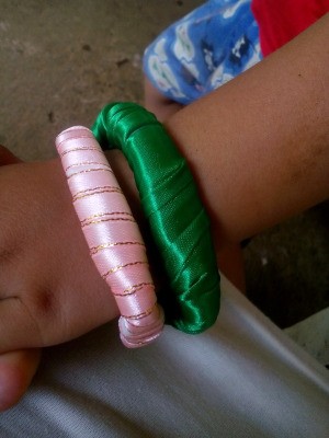 Toothbrush Bracelet - pink and green ribbon wrapped bracelets