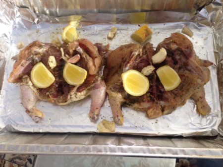 Game Hens opened up ready to bake