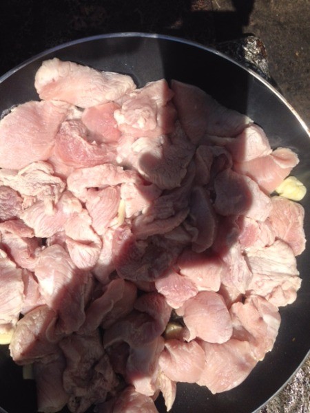 pork shoulder pieces in pan
