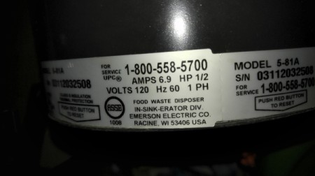 Disposal Not Working and Drain Clogged - disposal tag photo