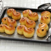 A tray of traditional Swedish saffron buns.