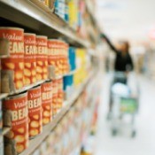 A row of canned goods at the supermarket