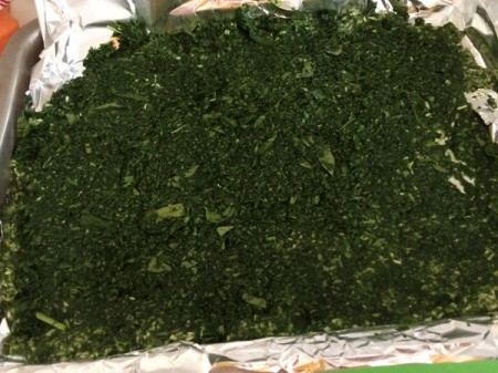 blended spinach spread on baking sheet