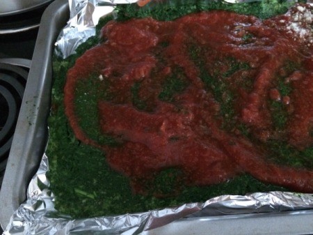 pasta sauce spread on blended spinach