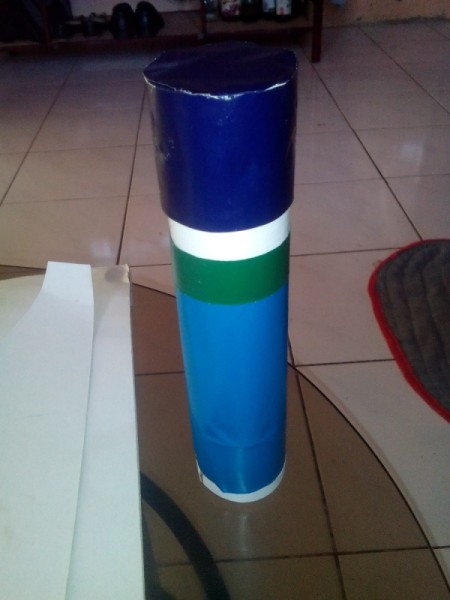 Cling Wrap Roll as Pencil Case - case with blue and green paper bands and dark blue top